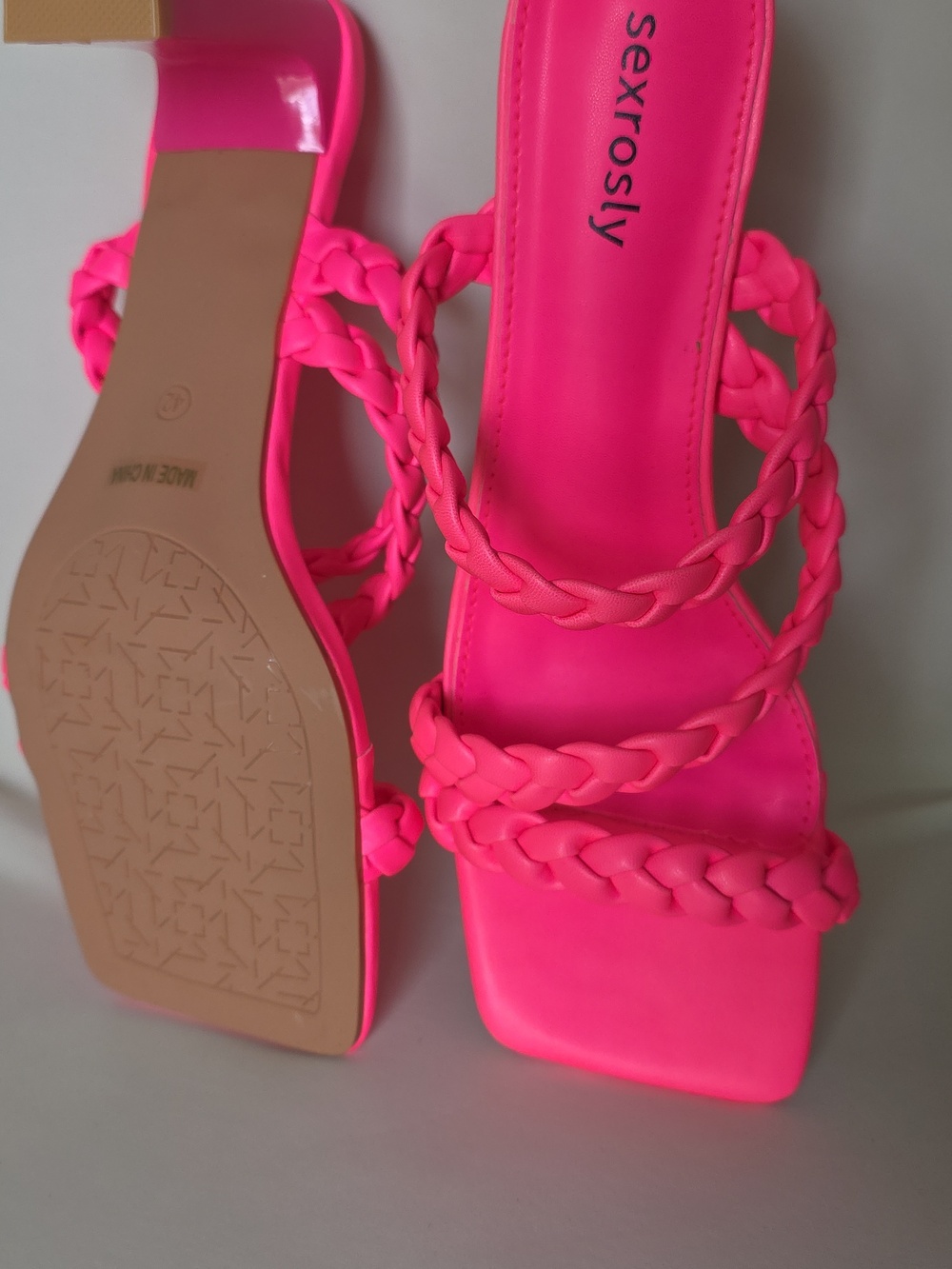 Bright Pink Braided Strap Block Heel Sandal